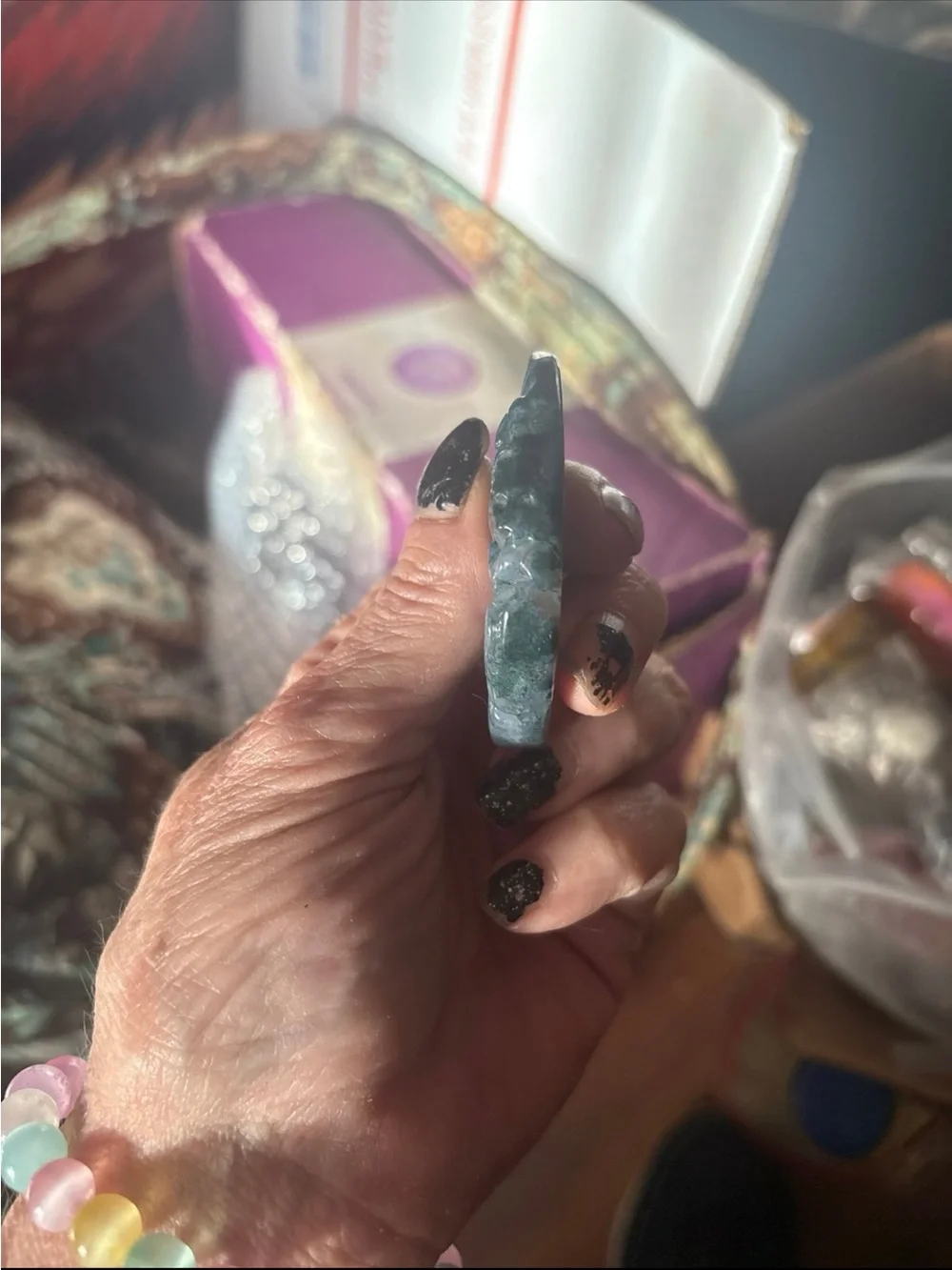 Hand-Carved Moss Agate Fan Pendant